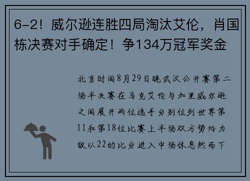 6-2！威尔逊连胜四局淘汰艾伦，肖国栋决赛对手确定！争134万冠军奖金​
